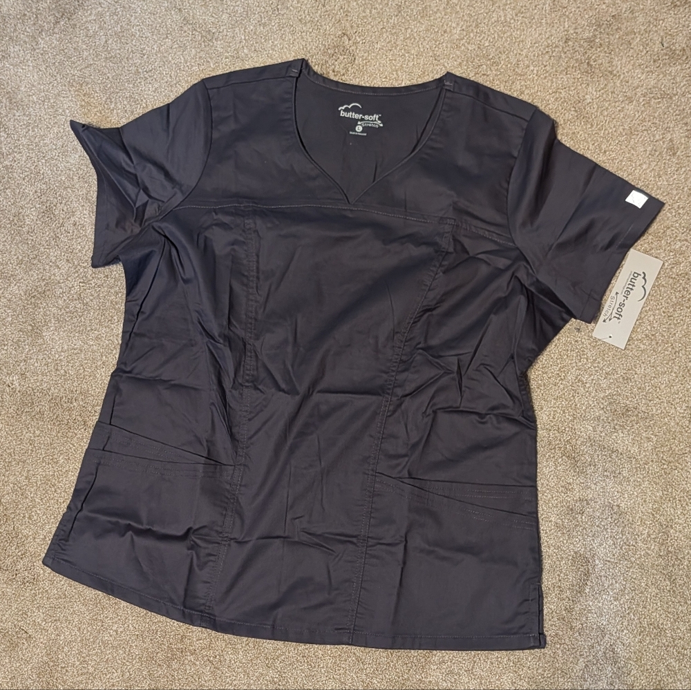 Butter-Soft STRETCH Women's 4-Pocket Sweetheart Neck Scrub Top Pewter Large NWT